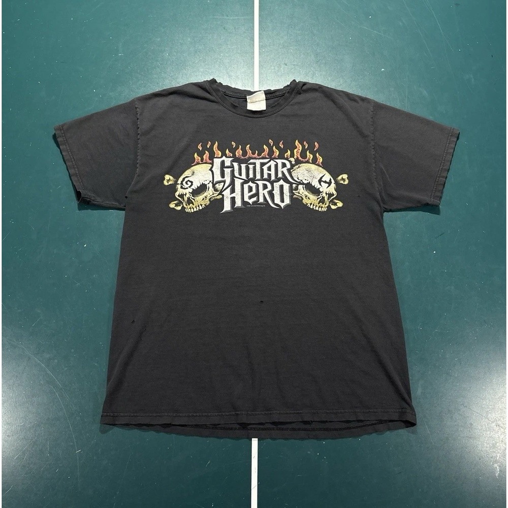 Vintage Guitar Hero Flaming Skulls Video Game Promo T-Shirt Large Black Y2K 2008
